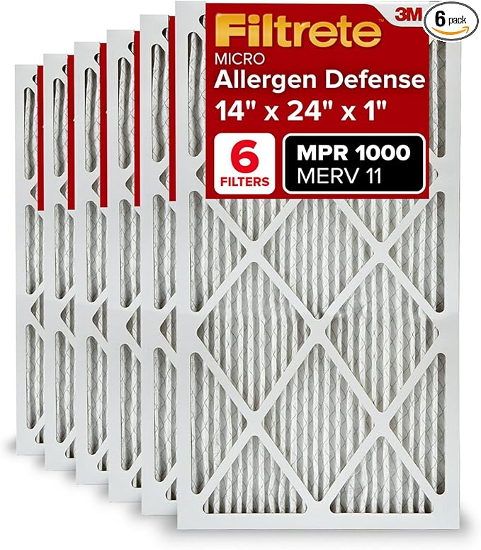 Filtrete 14x24x1 Air Filter, MERV 11, MPR 1000, Allergen Defense, 3-Month AC and Furnace Filter, Easy on Air Flow, 6 HVAC Filters (Actual Size 13.81x23.81x0.81 in)