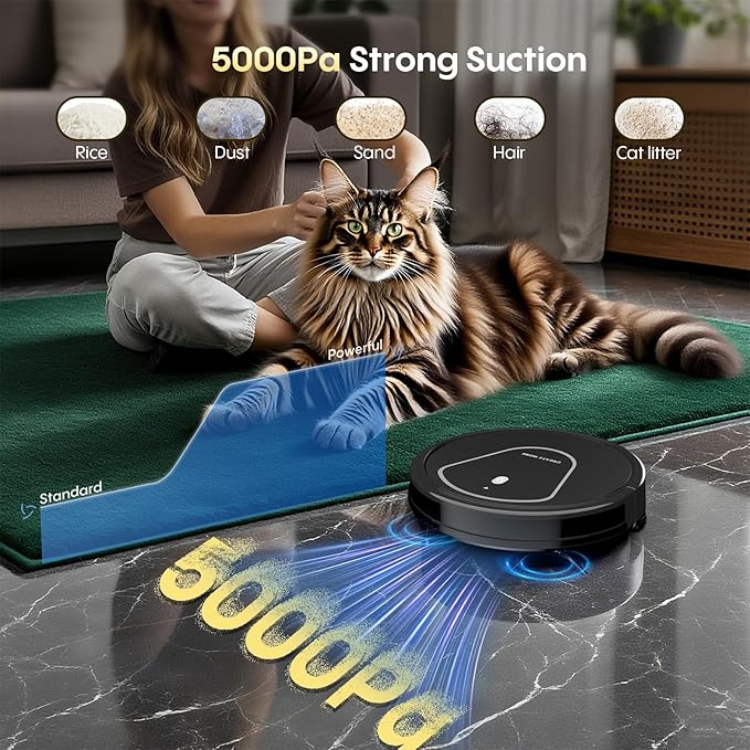 Bagotte Robot Vacuum and Mop Combo, 3-in-1 Robotic Vacuum Cleaner, 5000Pa Strong Suction with Auto Recharging,Tangle Free, Timing Function, App/WiFi/Voice/Remote for Hard Floor and Pet Hair