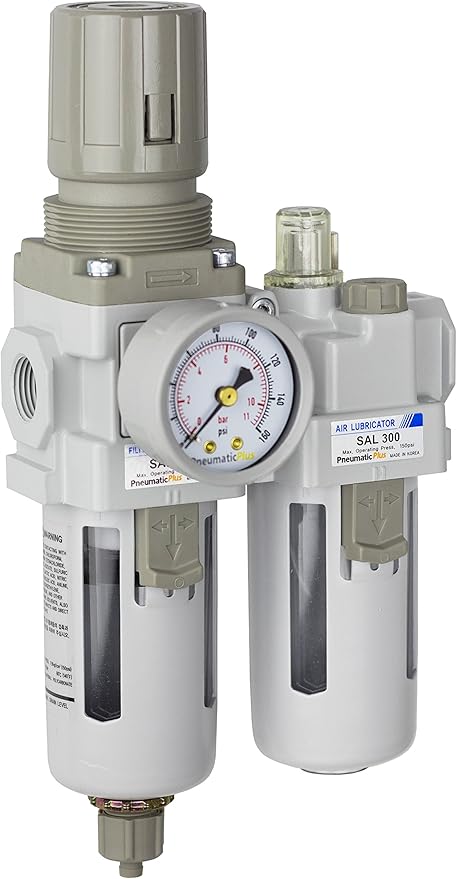 PneumaticPlus SAU310-N03G Compressed Air Filter Regulator Lubricator Piggyback Combo 3/8" NPT - Poly Bowl, Manual Drain, Bracket, Gauge