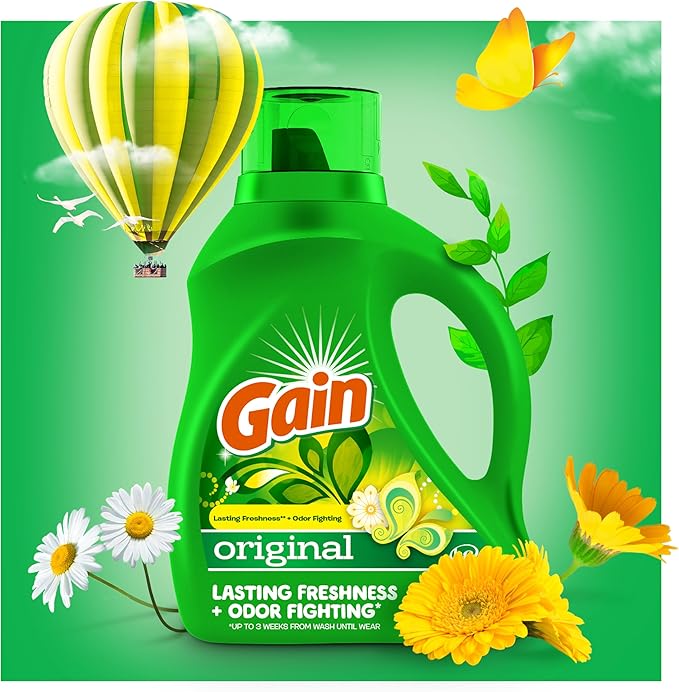 Gain Liquid Laundry Detergent, Original Scent, 65 fl oz x 2, 45 x 2 Loads, Freshness + Odor Fighting, High Efficiency Washing Machine Liquid Cleaning Soap