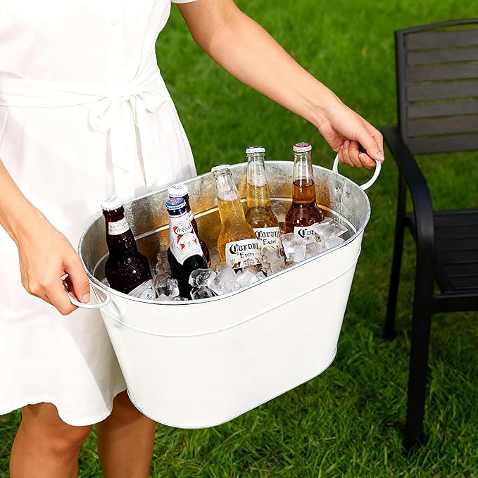 2PCS Galvanized Tub Ice Bucket for Parties, Thick Metal Galvanized Drink Buckets, Beverage Bucket with Handles, Drink Bucket for Indoor & Outdoor Party (White)