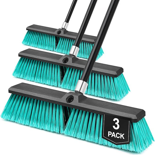 18” Push Broom Outdoor Heavy Duty 3 Pack, Large Commercial Stiff Bristle Brush with 63 inches Long Handle for Garage Shop Garden Yard Patio Deck Street Warehouse Lawn Driveway (Green)