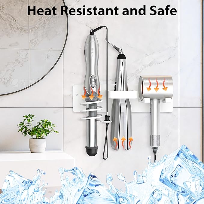 Blow Dryer Holder Wall Mount, 3 in 1 Bathroom Hair Tool Organizer with Curling Iron Holder & Flat Iron Holder, Universal Hair Dryer Holder Rack Storage White