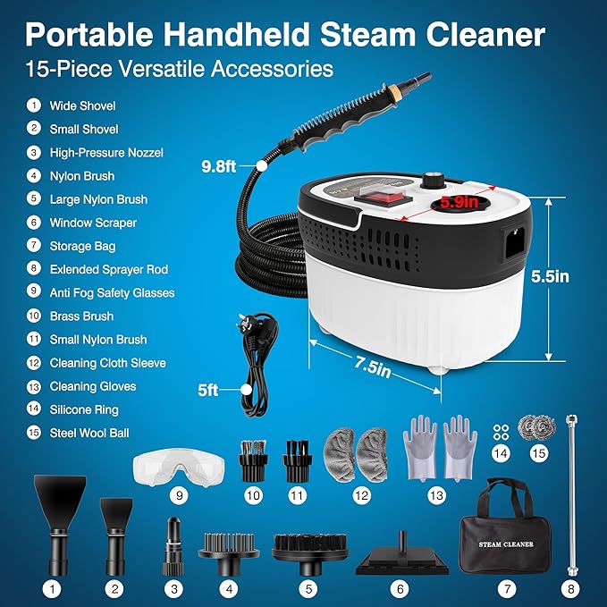 Steam Cleaner Handheld with 3m Long Steam Hose, 2500W & Infinite Adjustment High Pressure Portable Steam Cleaner, ANSI Z87.1 Safety Goggles for Car Cleaning, Home, Tile, Grout, Floor
