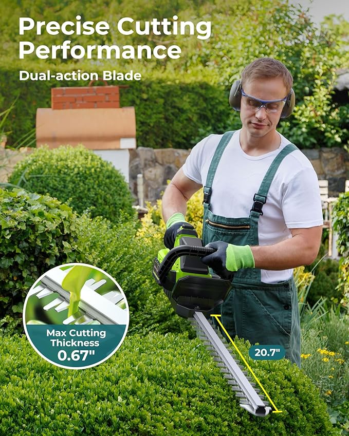 20'' Hedge Trimmer Cordless with 2pcs 4000mAh Battery, Electric Handheld Bush Clipper with Rechargeable Batteries, 3000RPM 180° Rotatable Head, 2/3'' Blade Gap Green