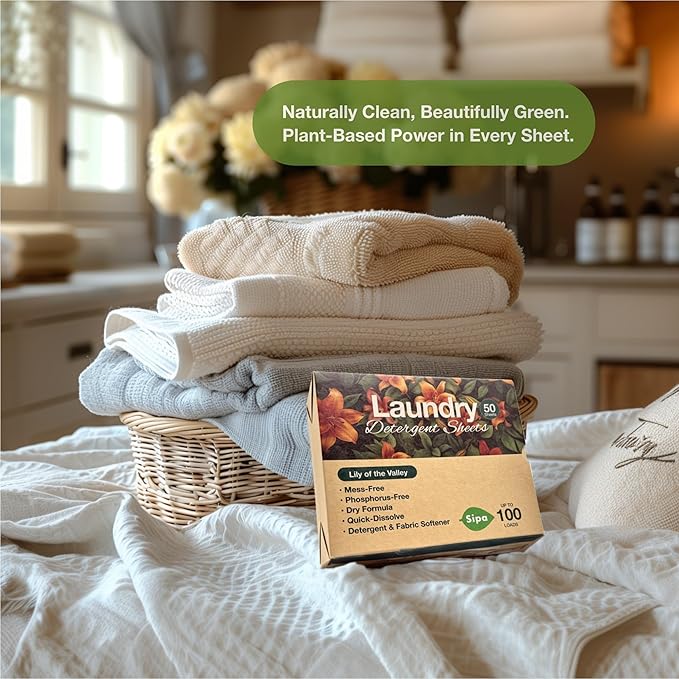 SIPA Laundry Detergent Sheets - 50 Sheets, 100 Loads, Lily of the Valley, Eco-Friendly, Phosphorus-Free