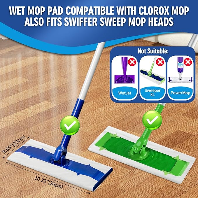 24 Count Disposable Wet Mop Pad Compatible with Clorox Mop, Sweeper Mop, or Other Standard Mopping Tools, Floor Wipes for Mopping Cleaning, Unscented