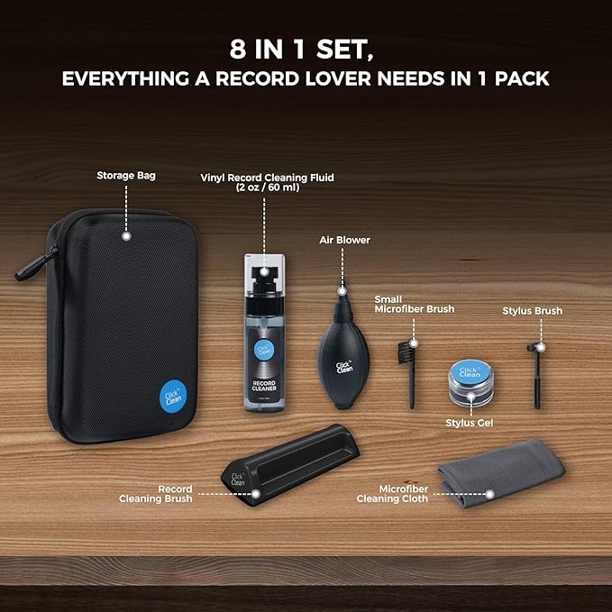 Click Clean 8 in 1 Vinyl Record Cleaning Kit - Velvet Cleaning Brush,Stylus Brush,0.21 oz Turntable Needle Cleaning Gel,2.1oz Cleaning Fluid,Mini-Microfiber Brush,Air Blower,Microfiber Cleaning Cloth
