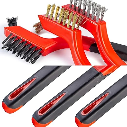 Wire Brush Set 3Pcs, Nylon/Brass/Stainless Steel Bristles with Curved Handle Grip for Cleaning with Curved Handle Grip for Rust Removal, Dirt, Paint Scrubbing Blue