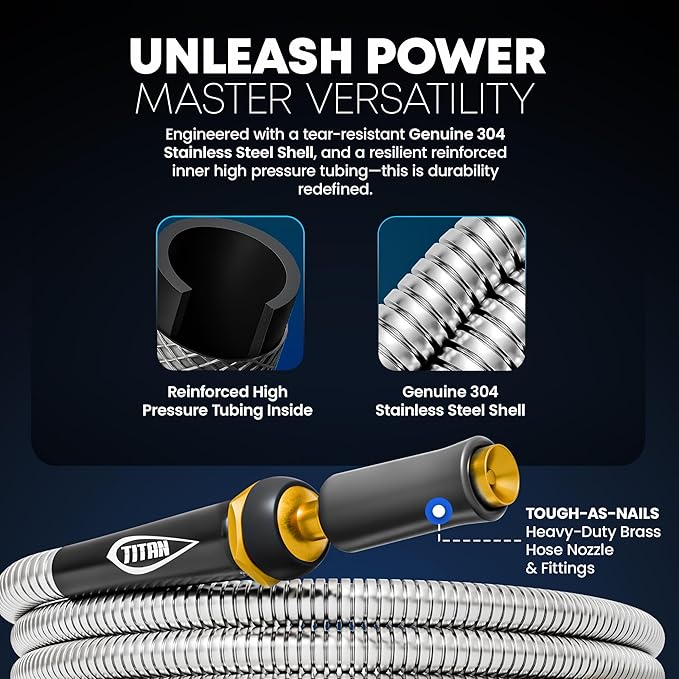TITAN Garden Hose 65FT - 304 Stainless Steel Metal Water Hose, Flexible, Kink-Free, Lightweight, Durable, Crush Resistant Fittings, Easy to Coil, 500 PSI