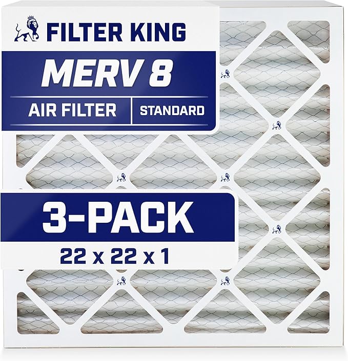 Filter King 22x22x1 Air Filter | 3-PACK | MERV 8 HVAC Pleated A/C Furnace Filters | MADE IN USA | Actual Size: 21.5 x 21.5 x .75"