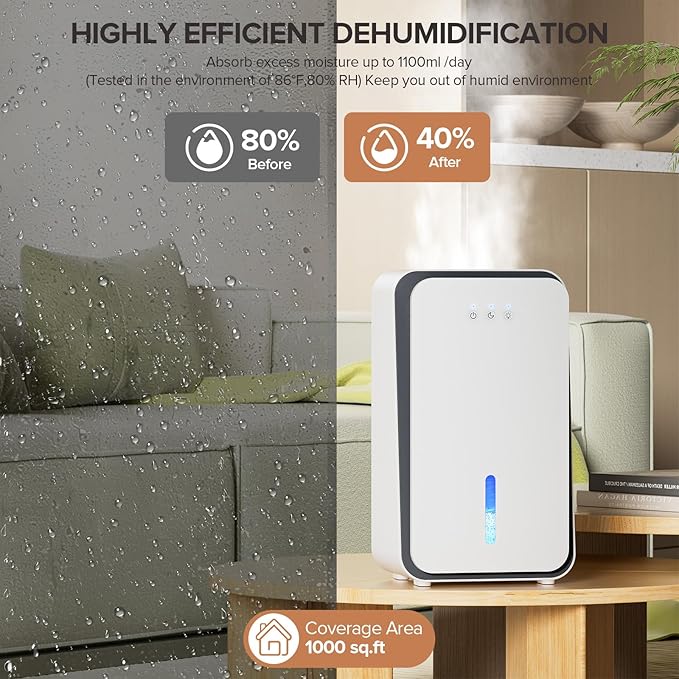 Dehumidifier for Home,1000 sq.ft Dehumidifier for Basement Bathroom Bedroom with Auto Shut Off, Built-in Aromatherapy Diffuser,7 Colors LED Light, Quiet Dehumidifiers with Sleep Mode(CS08-Snowy)