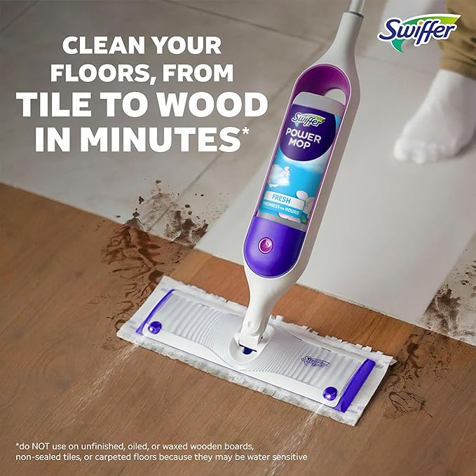 Swiffer PowerMop Multi-Surface Mop Kit for Floor Cleaning, Includes PowerMop, 2 Mopping Pad Refills, 1 Cleaning Solution with Fresh Scent and 2 Batteries