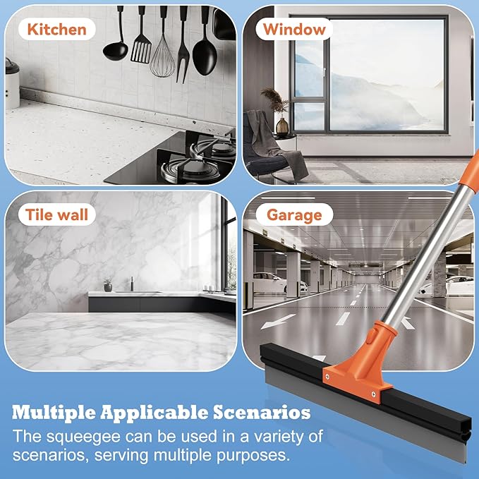 Floor Squeegee for Concrete Floor,18" Large Heavy Duty Squeegee for Floor, Rubber Broom with 62" Long Handle for Bathroom Tile, Garage Concrete, Deck, Shower Glass, Window Cleaning