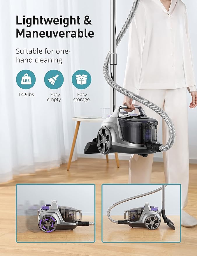 Aspiron Canister Vacuum, Upgraded 1600W Bagless Canister Vacuum Cleaner, Auto Cord Rewind, H13 HEPA Filter, 3.7Qt Large Capacity, 5 Tools for Hard Floors, Carpet, Pet, Upholstery, Tiles, Violet