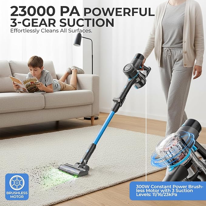 Apical Life Cordless Vacuum Cleaner, 40Kpa 300W Stick Vacuum with Foldable Tube, 45 Mins Runtime, LED Headlight, HEPA Filter, Wall-Mounted Storage, 3-in-1 for Carpet and Hard Floor