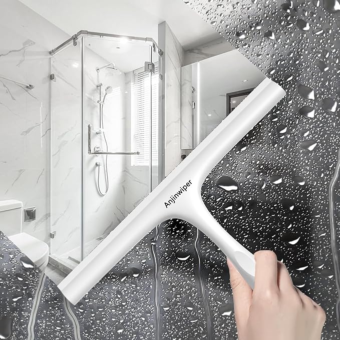 All-Purpose Shower Squeegee for Shower Glass Door with Adhesive Hook, Silicone Squeegee for Shower Doors, Bathroom, Windows, Mirrors, Shower Cleaner Tool Household Squeegee(10 inch-White)