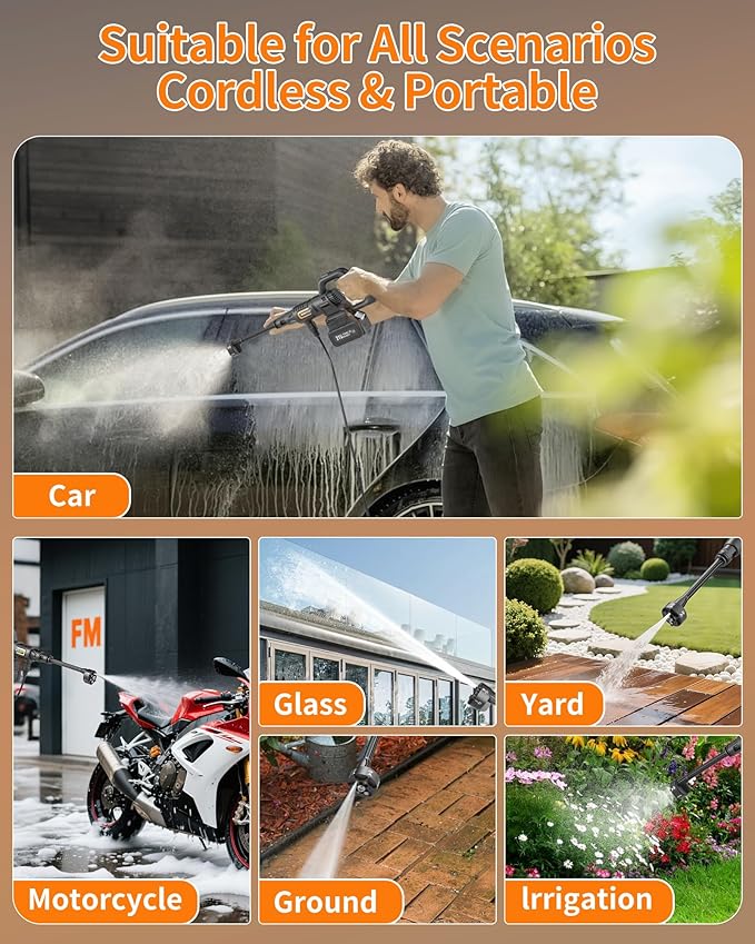 Cordless Pressure Washer Battery Powered; 1200PSI Cordless Power Washer with Brushless Motor, 4.0Ah Battery, 6-in-1 Nozzle, 3 Level; Handheld Portable Pressure Washer (5022-BK5)