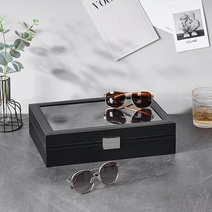 BEWISHOME Glasses Organizer for Men, Sunglasses Organizer, 8-Slot Sunglasses Storage Case with Large Clear Glass Lid, PU Leather Lined Eyewear Display Box