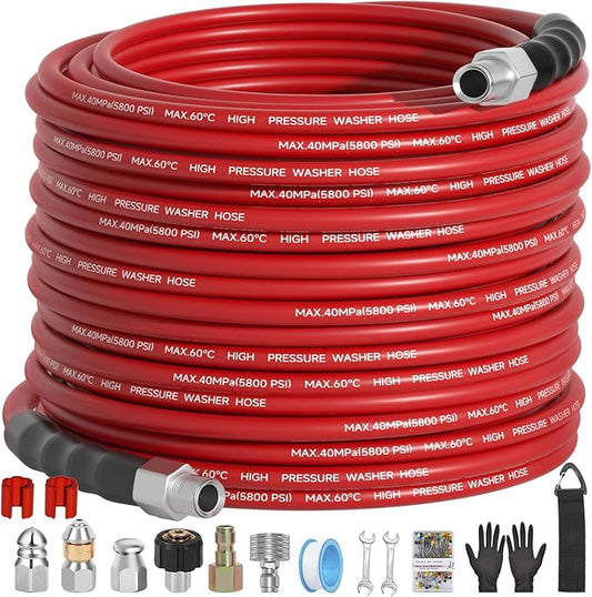 100FT Sewer Jetter Kit for Pressure Washer 5800PSI,1/4" NPT Drain Jetter Hose with 1/4" Quick Plug，3 Sewer Jet Nozzles，Spanners Teflon Tape Gloves and Spray Nozzle for Cleaning