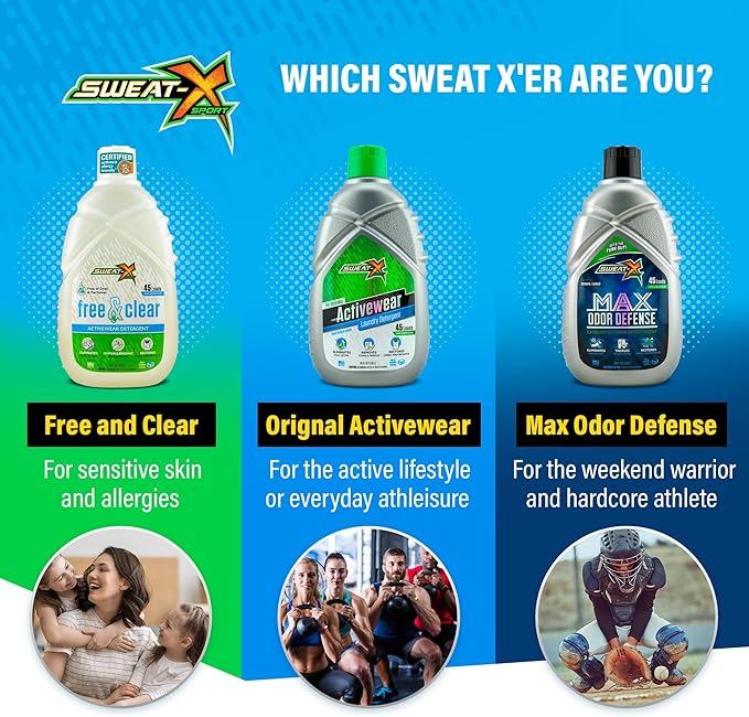 SWEAT X Free & Clear Laundry Detergent Liquid - Natural Non Toxic Laundry Detergent for Sensitive Skin - Gentle Washing Detergent for Activewear & Performance Fabrics - 45 Loads/Bottle, 4 Bottles