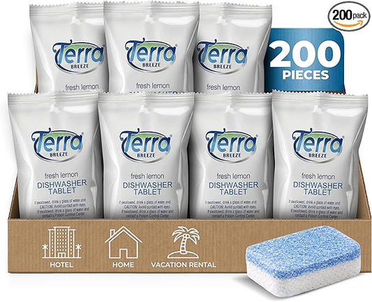 Individually Wrapped Dishwasher Tablets | Dishwasher Detergent | Dish Soap Pods | Fresh Lemon Scent | Deep Clean for Dishes | 200 Count Bulk for Vacation Rentals and Extended Stay Hotels