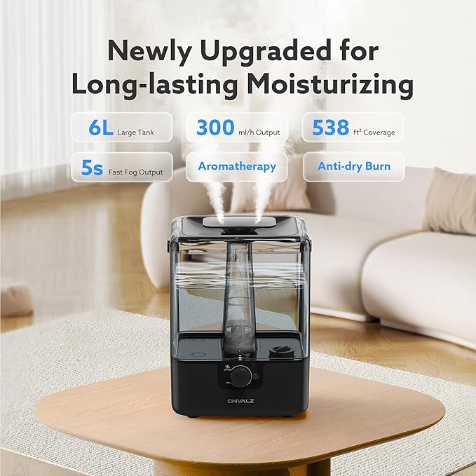 CHIVALZ Humidifiers for Bedroom Large Room Home, 6L Cool Mist Humidifier for Baby and Plant, Oil Diffuser, Top Fill Humidifier with Night Light, Quiet 23dB, Up to 26H, Black 1Pack