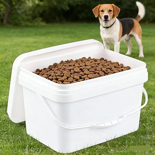 4 Pcs 3 Gallon Food Grade Bucket with Lid, Rectangular Bucket Pail with Plastic Handles for Storing Dry Food, Charcoal, Camping, Fishing (White)