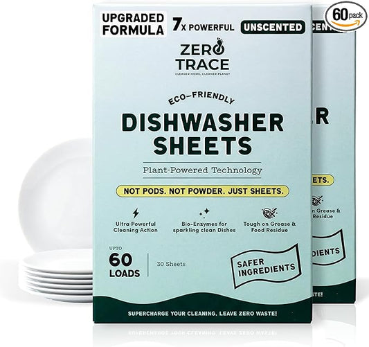 Zero Trace Dishwasher Detergent Eco-Friendly Sheets for Dish Washing - Plant Powered Technology- Unscented- 60 Loads
