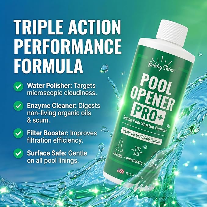Pool Opening Chemical - 16 oz Treats Up to 20,000 Gallons - Pool Opening Kit Routine Additive (Clarifier Support) for Above Ground & Inground Pools, Chlorine or Salt Compatible – BubbyShine