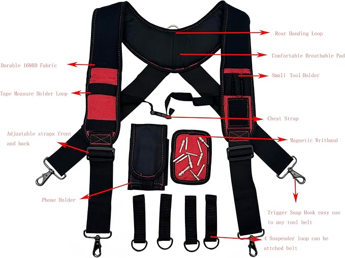 Tool Belt Suspenders for Work Belt Heavy Duty Padded with Magnetic WristBand Attachment Loops for Men