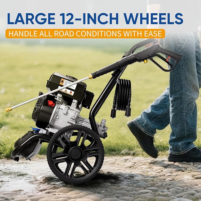 TOOLCY 3400 PSI Gas Pressure Washer, High-Performance 212cc OHV Engine, Reinforced Pump. Onboard Soap Tank, 30FT Hose, Spray Gun & 5 Nozzles, Max 2.8 GPM, Cars Homes Patios Fences Driveways