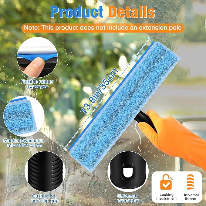 Window Squeegee for Home Window Cleaning,2-in-1 Window Cleaner Tool with Washable Microfiber Cloth, 13.8" Shower Squeegee for Glass Door,Mirror,Car Windshield,Outdoor Window Cleaning,Blue