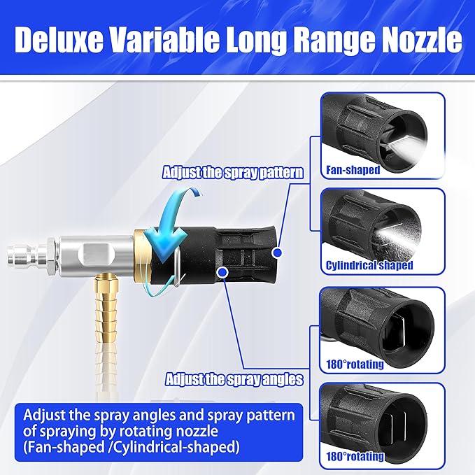 Adjustable Long Range Nozzle for Pressure Washer 3-3.5 GPM, Downstream Injection Spray Nozzle Kit, High Power Washing External Chemical Injector with 1/4” Quick Connect, 2000 to 3000 PSI