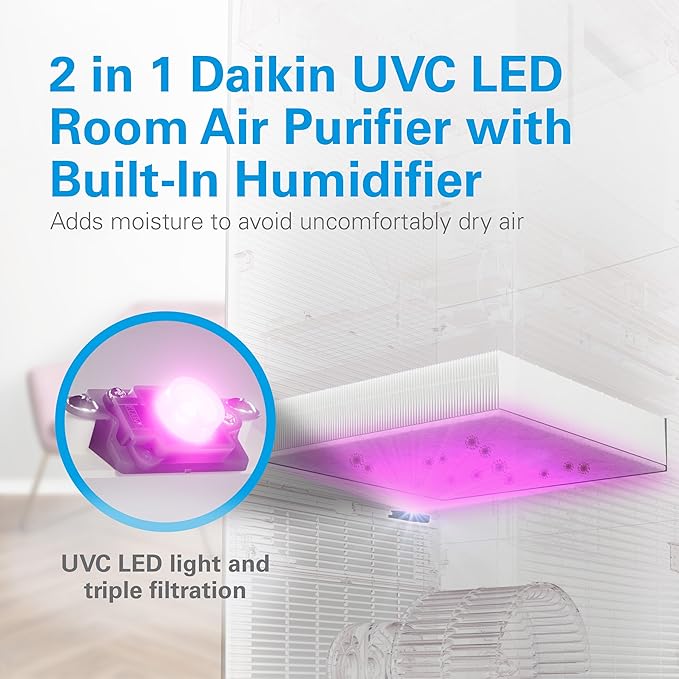 Daikin Room Air Purifier Bundle, HEPA Air Purifier with Pre-filter, Carbon, and UVC LED Light Filtration, Zero Ozone, CARB Certified, Includes 1 set of Replacement Filters