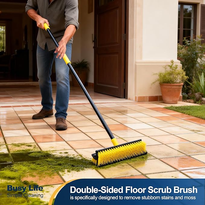 Yocada Double-Sided Floor Scrub Brush Triangle Brush Corner Crevice Cleaning Heavy Duty Stiff Bristle 65.5" for Cleaning Patio Bathroom Garage Kitchen Wall Deck Tub Tile
