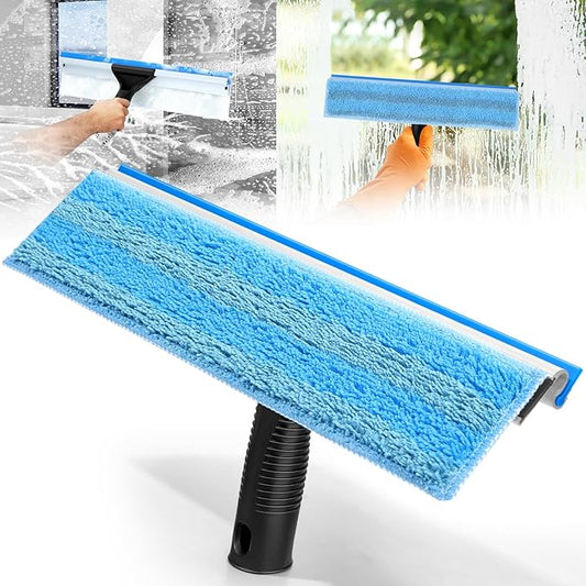 Window Squeegee for Home Window Cleaning,2-in-1 Window Cleaner Tool with Washable Microfiber Cloth, 13.8" Shower Squeegee for Glass Door,Mirror,Car Windshield,Outdoor Window Cleaning,Blue
