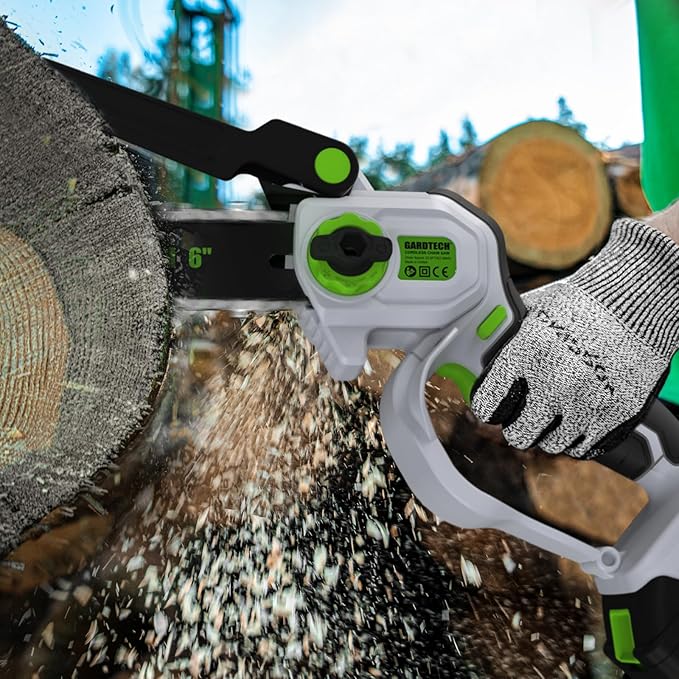 GARDTECH Mini Chainsaw Cordless 6 Inch - Portable Electric Chainsaw Cordless Battery Powered, Handheld Small Chain Saw with 2-side Security Lock [Southpaws Friendly] for Wood Cutting, Pruning Branches