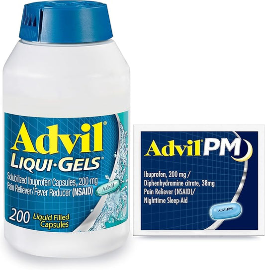 Advil Liqui-Gels Pain Reliever and Fever Reducer, Pain Medicine for Adults with Ibuprofen 200mg for Headache, Backache, Menstrual Pain and Joint Pain Relief - 200 Capsules, Advil PM Ibuprofen - 2 Ct