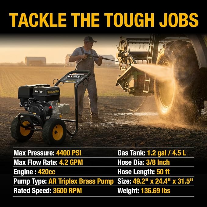 Poulan Pro Gas Pressure Washer, 4400 PSI & 4.2 GPM, 420cc Power High Pressure Washer with 50ft Hose and 12-inch Wheels, 31" Spray Lance, 5 Nozzles for Cars Driveways Patios Fences Daily Cleaning