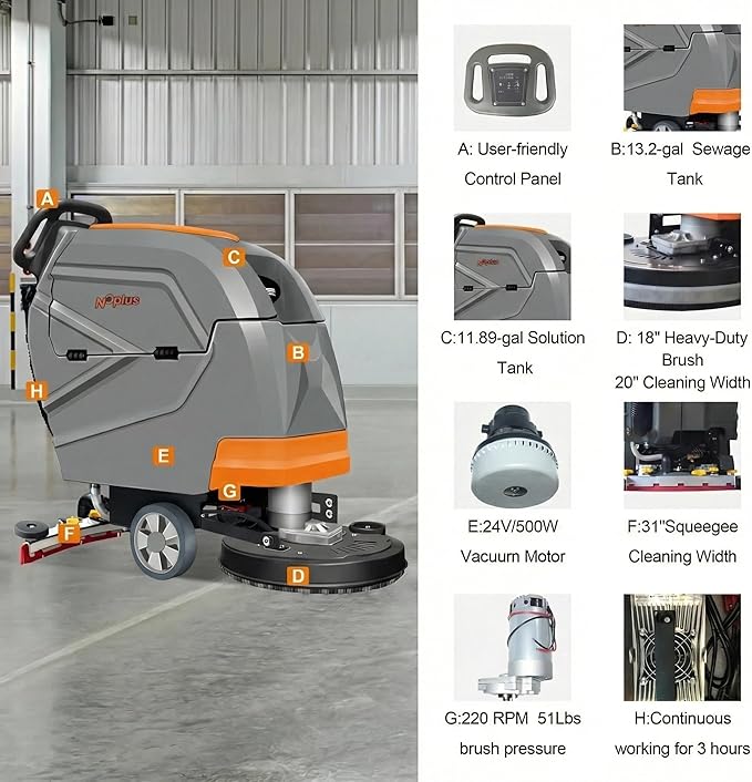 PENNON N3Plus Self-Propelled Walk-Behind Floor Scrubber - 20" Cleaning Path, 31" Squeegee, 13-Gal Recovery Tank, 220 RPM, Forward & Reverse Drive, One-Touch Noise Reduction, Complete Kit