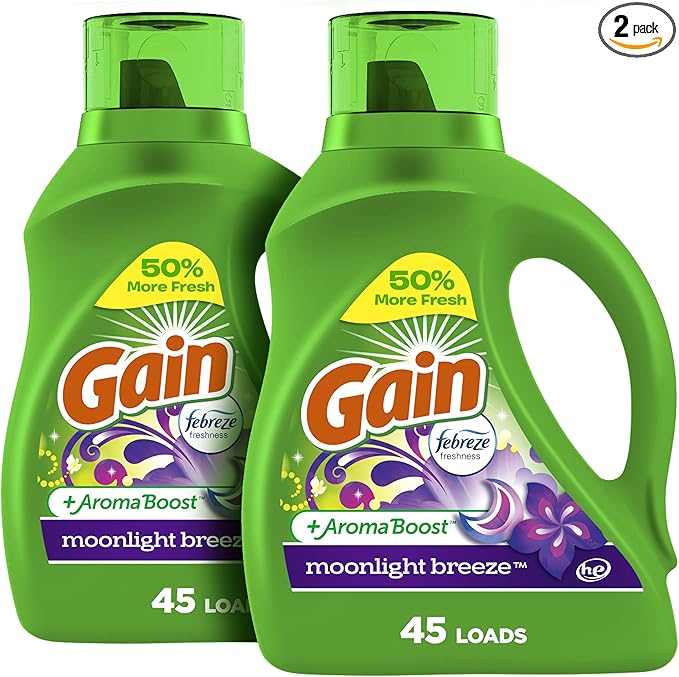 Gain Liquid Laundry Detergent with Odor Defense, Moonlight Breeze Scent, 65 FL OZ x 2, 45 x 2 Loads, Liquid Detergent And Laundry Soap For HE Washing Machines