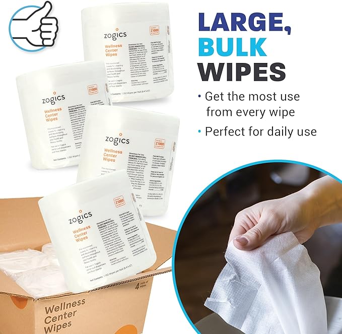 Zogics Wellness Center Cleaning Wipes – Gym Equipment Wipes for Cleaning Surfaces and Equipment, Durable and Safe Pre-Saturated (4,600 Count, 4 Rolls of 1150)