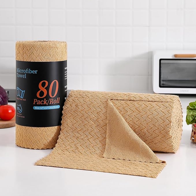 80 Pack Microfiber Cleaning Cloth Roll Reusable Paper Towels 12"x12" Tear Away Cloth,Absorbent Dish Rags for House Kitchen,Wash Cloths,Lint Free Rags for Window Cars Cleaning Supplies