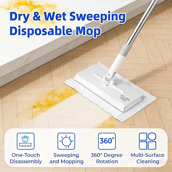 Snap Grip Mini Mop - Zero Touch No Wash Lazy Mop, Compatible with Swiffer & Face Towels, Adjustable for Wet/Dry Floors, Tile, Hardwood, Corners (5 Reusable Cloths)