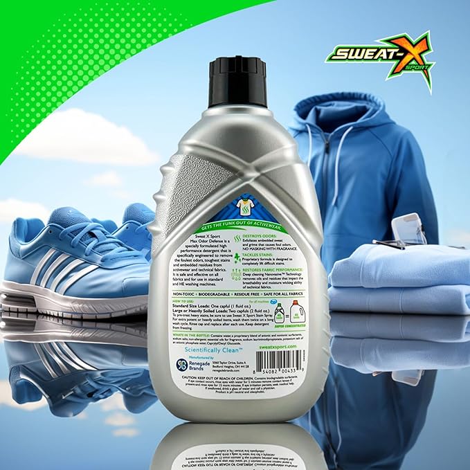SWEAT X Max Odor Defense Laundry Detergent Liquid - Natural Washing Detergent for Activewear & Gym Clothes - Laundry Detergent for Sensitive Skin - Concentrated Detergent, 45 Loads (1 Bottle)