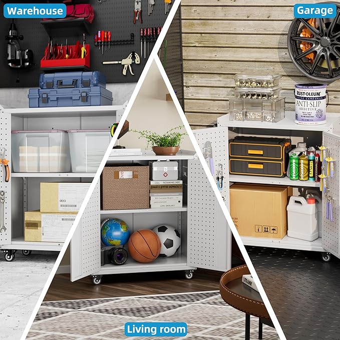 SUXXAN Metal Storage Cabinet with 2 Doors and 4 Hooks,34" H Top Workbench Mobile Tool Chests Garage Cabinets with 4 Wheels and Lock/Push Arm for Home,Office,Shop(White)