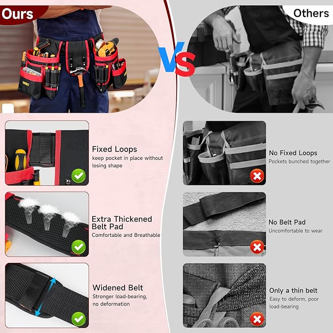 Tool Belt,Magnetic Tool Pouch,27-Pockets Heavy Duty Tool Belts for Men,Detachable Tool Pouch Bag for Electrician,Carpenter,Construction,Work Apron,Utility Belt,Valentines Day Gifts for Men,Black,Red