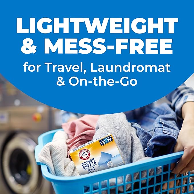 Arm & Hammer Power Sheets Laundry Detergent, Fresh Linen 50ct, up to 100 Small Loads (Packaging may vary)