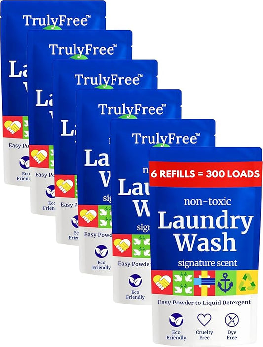 Truly Free Natural Laundry Detergent for Sensitive Skin | Eco Friendly, Plant Based, Baby Clothes Safe | Clean & Easy Powder to Liquid, 6 Pack Refill Detergent, NO Jug | Signature Scent, 300 Loads